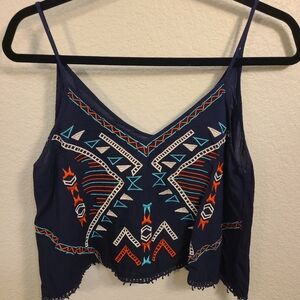 Lush Aztec inspired embroidered loose fit crop top in navy blue, Size XS